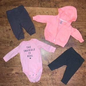 Pink tops with dark grey bottoms 0-3 mo bundle